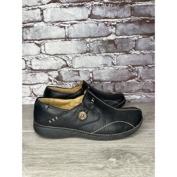 Clarks Unstructured Black Leather Casual Button Loafers Women Sz 10M US/41.5EU - Picture 4 of 16
